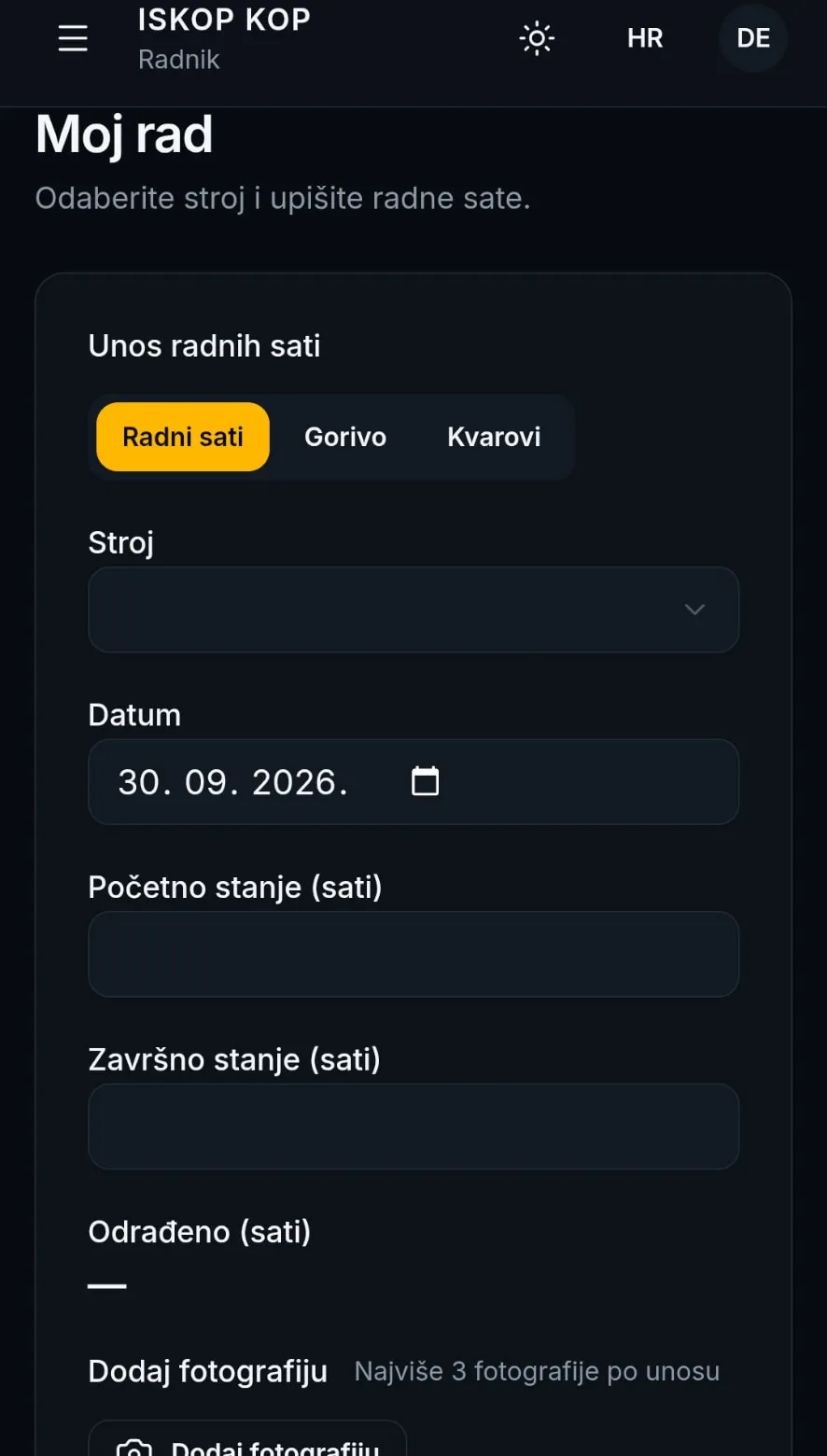 FleetTrack mobilni unos radnih sati – radnik na terenu